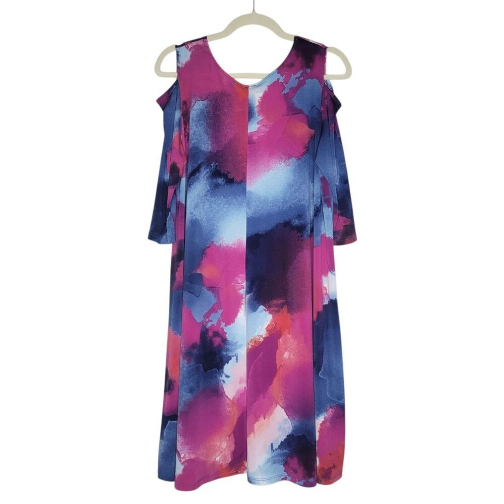 Clara Sun Woo Dress L Watercolor Knit Cold Shoulder Stretch Comfy Art To Wear - Picture 3 of 7